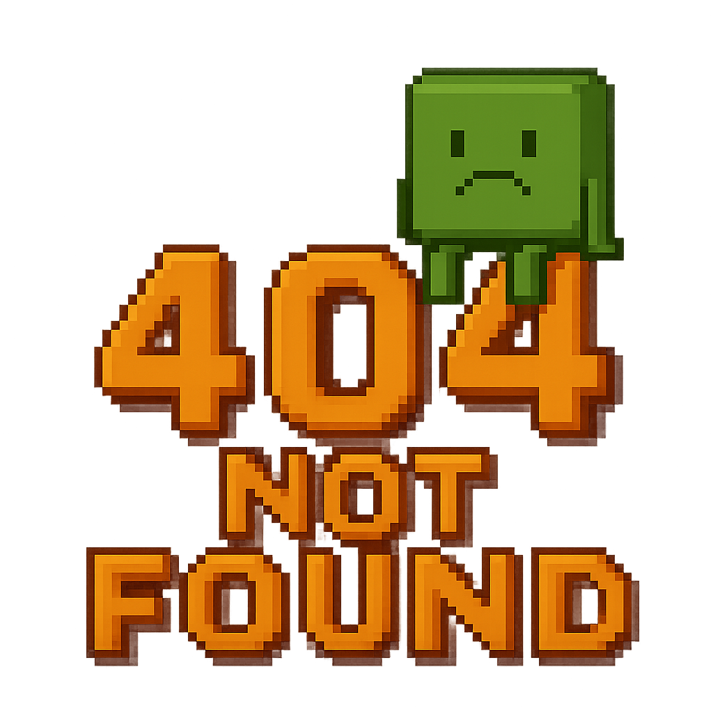 Sad pixel character with 404 text